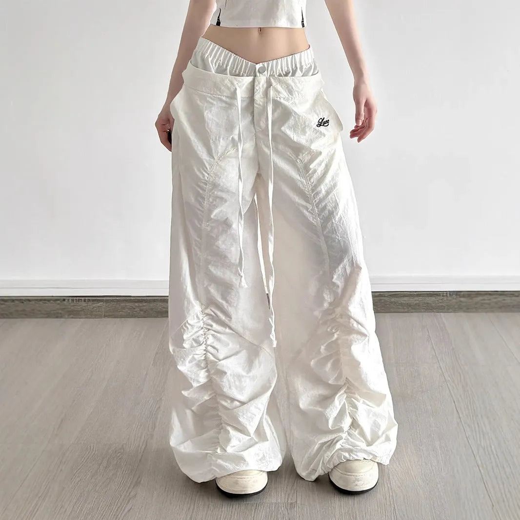 White high waist multi-pocket trousers with ruffle drawstring and lace letter embroidery for women