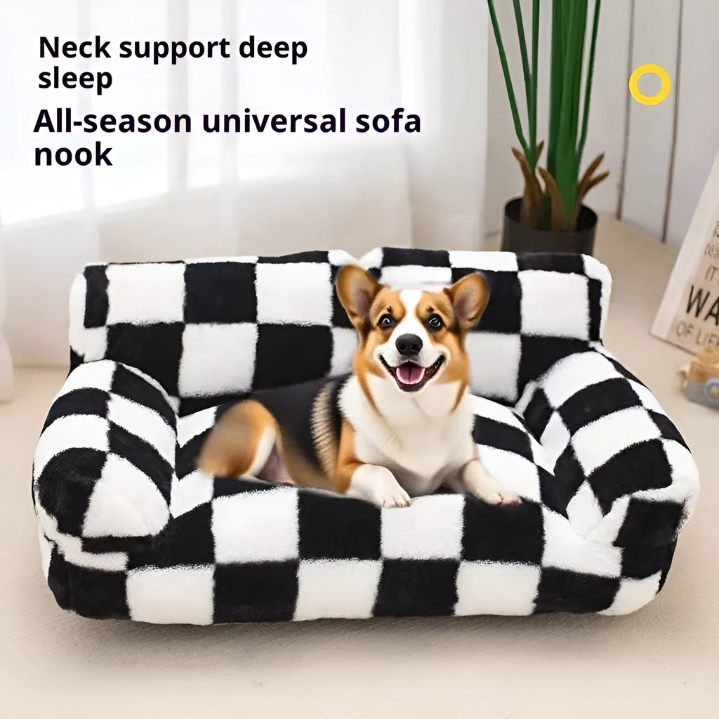 Black and white plaid plush kennel bed for cats and dogs, extra large size 90x55x26cm