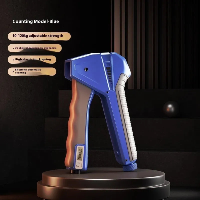 Adjustable PP plastic hand grip strengthener showing spring mechanism and available colour variants.
