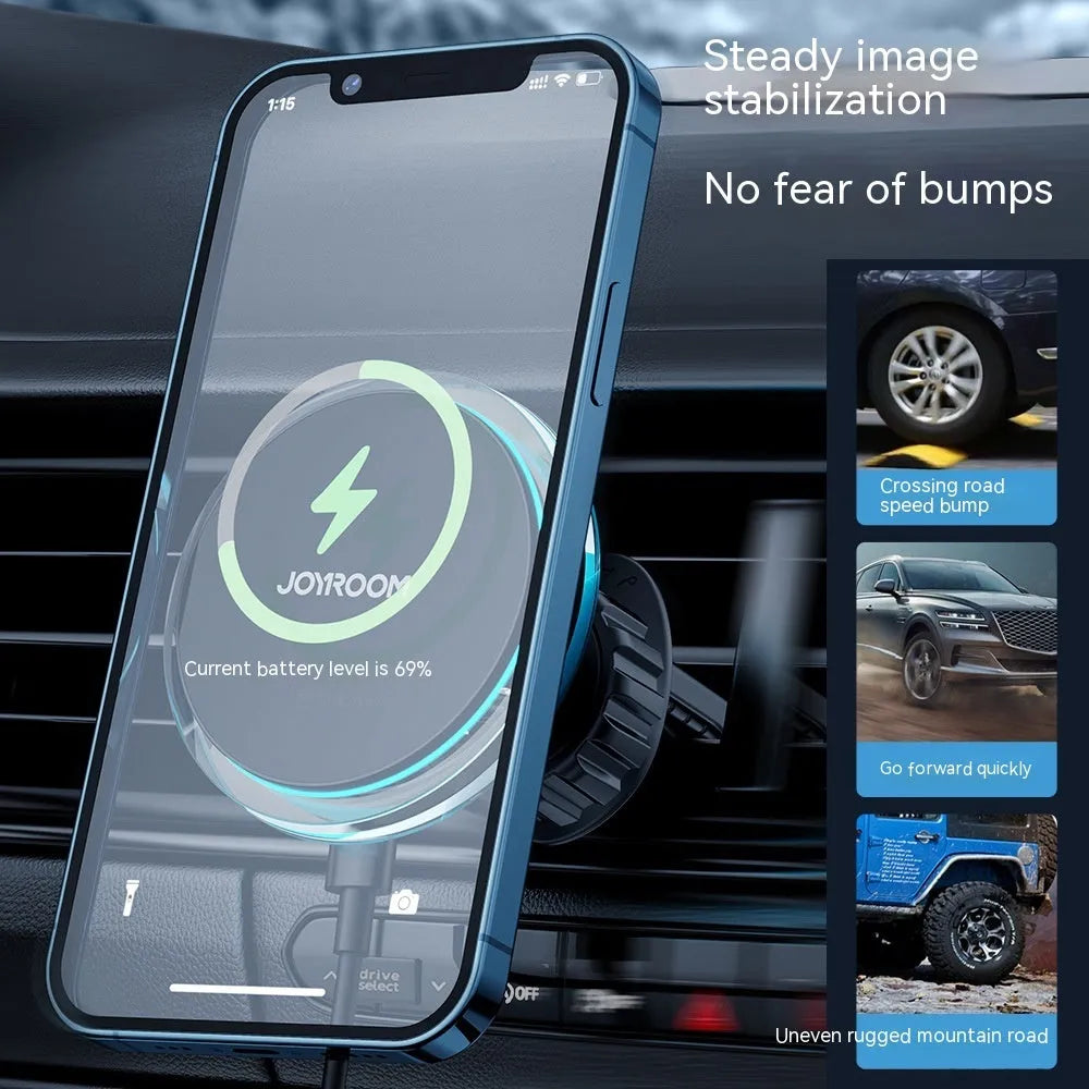 Black car magnetic wireless charging stand mounted on vehicle air vent charging smartphone