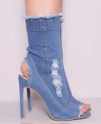 Peep toe denim ankle boots with stiletto heel and PU upper, four colour styles, sizes 35-44