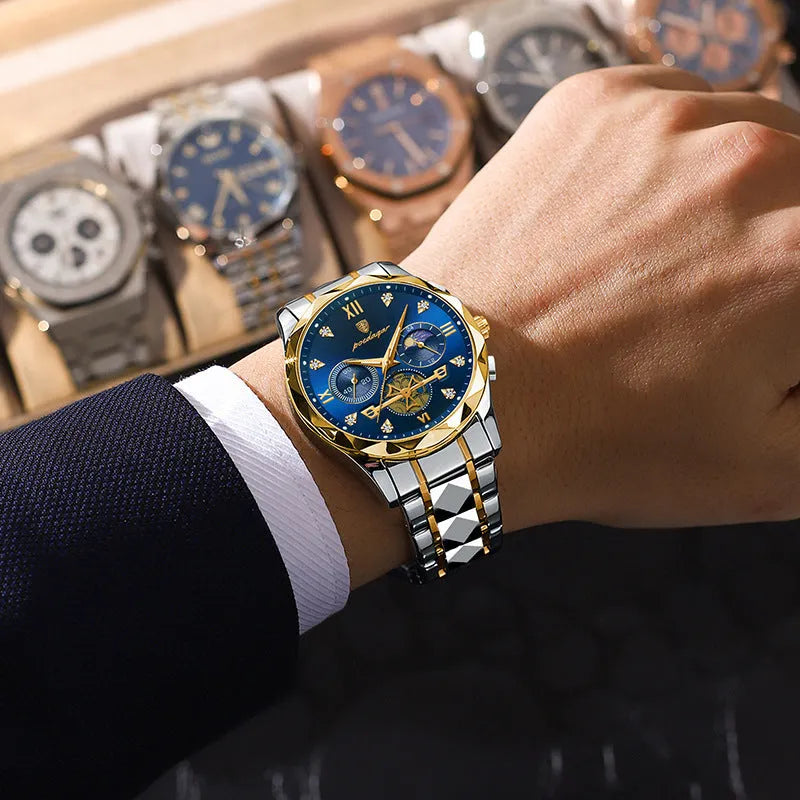 Men's waterproof multi-functional leisure watch with metal strap, 41mm dial, and mineral glass mirror in silver tone