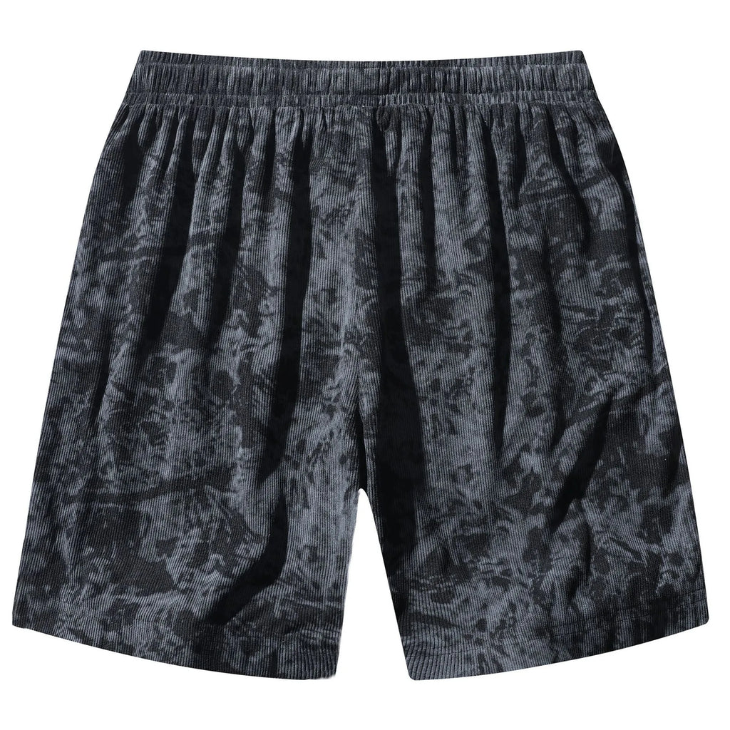 Men's camouflage pattern athletic shorts in polyester corduroy fabric showing straight cut design