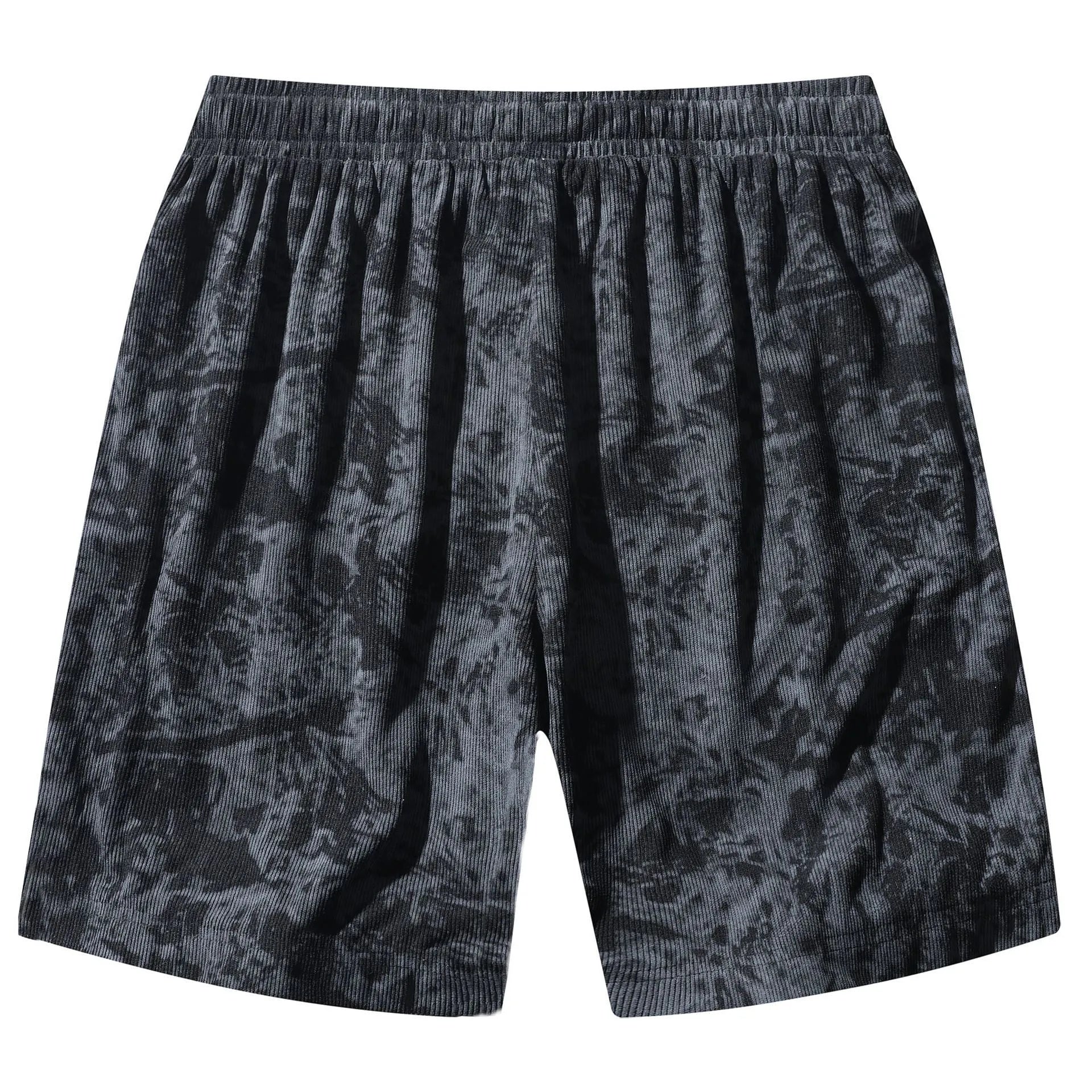 Men's camouflage pattern athletic shorts in polyester corduroy fabric showing straight cut design