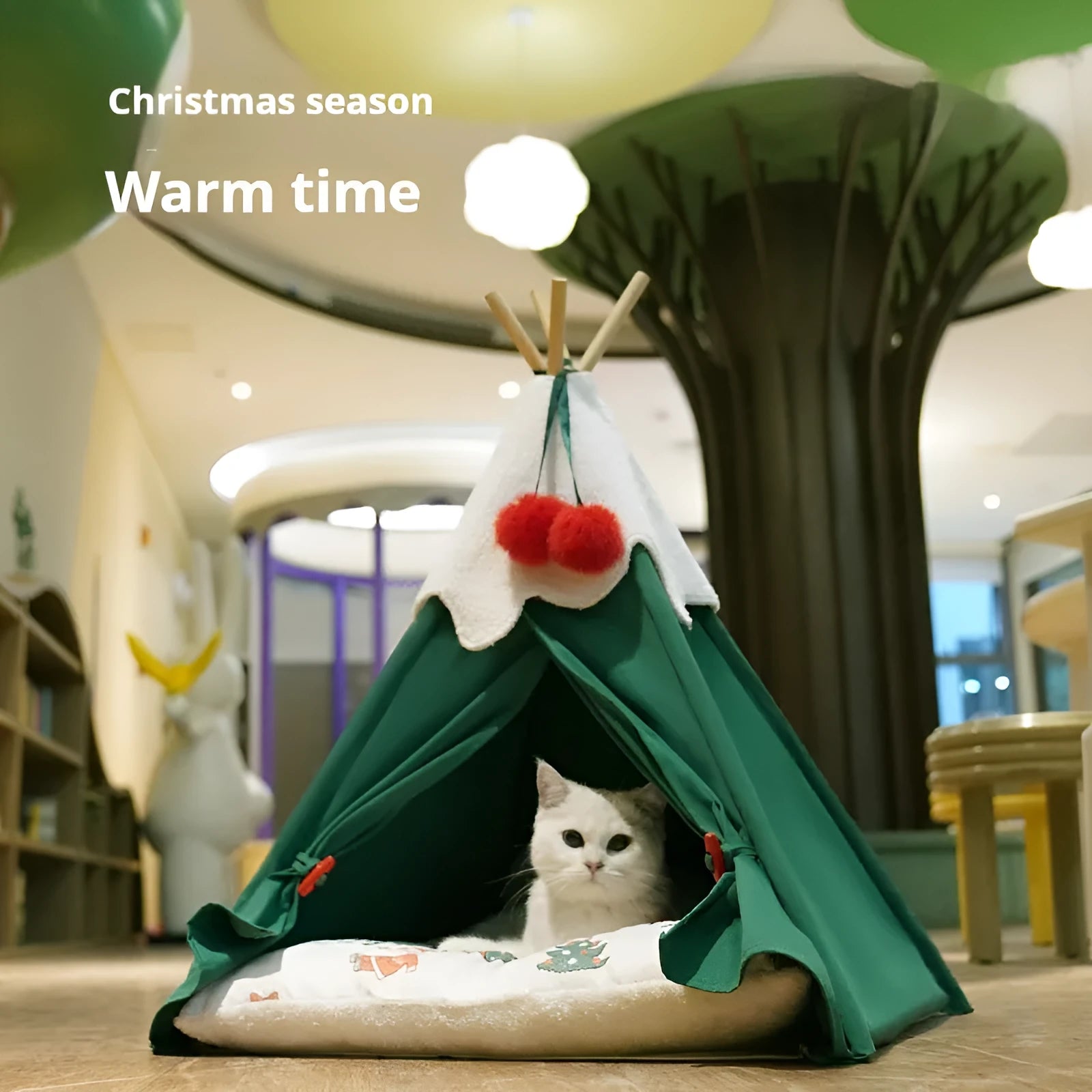 Semi-closed thickened cloth cat house for winter, shown in brown mat and white mat colours.