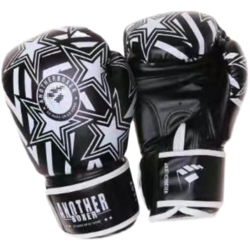 Pair of children's boxing gloves in red PU leather with vertical cuff, shown on a blue background.