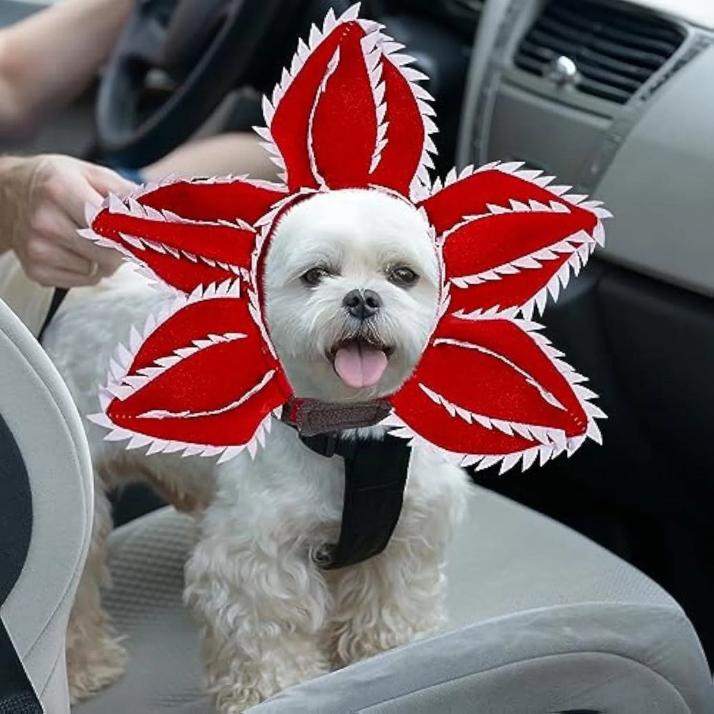 Medium dog demon horn costume headband with black plastic horns and red flower for Halloween