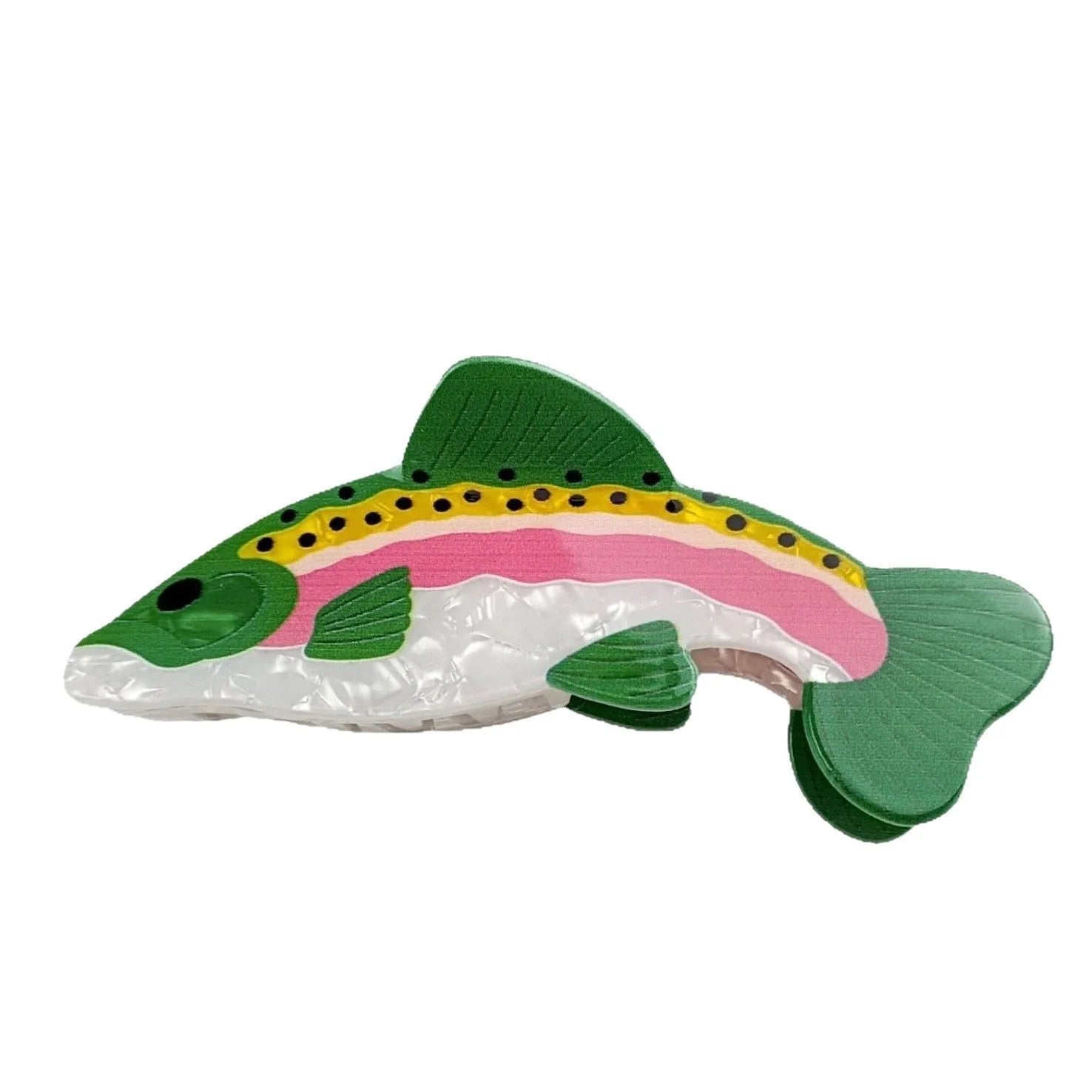 Dark green PVC hair clip with rainbow trout fish design inspired by carp elements