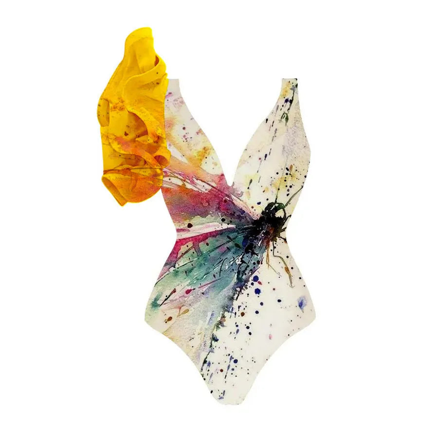 Yellow conservative one-piece swimsuit for women with tummy coverage, sleeveless design.