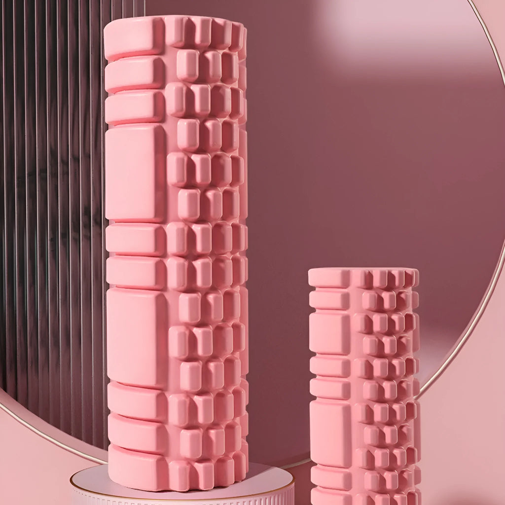 EVA foam fitness roller shown in various colours including black, pink, and blue.