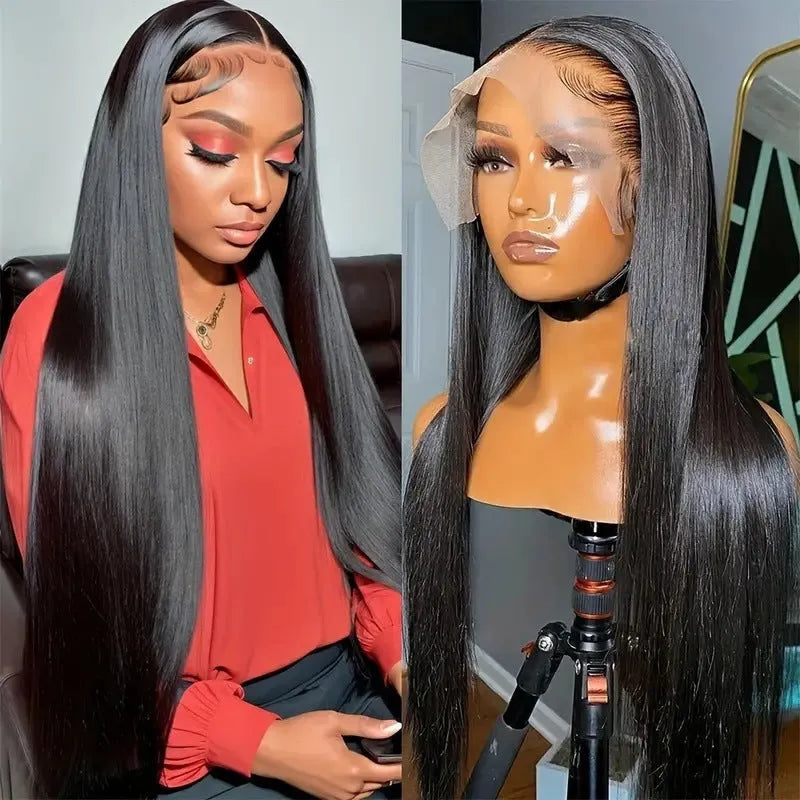 Front lace mid-length straight wig with side bangs in high-temperature fibre, shown in wine red colour.