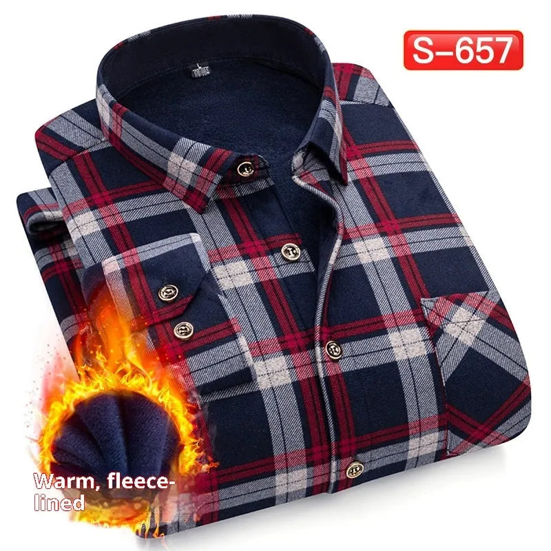 Men's fleece lined padded shirt long sleeve autumn winter warm middle-aged cardigan in double-sided velvet fabric