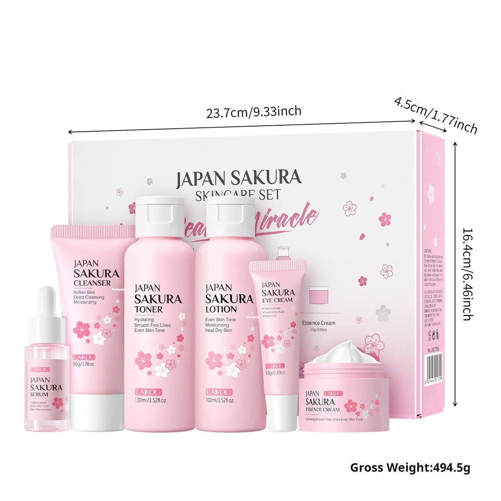 Cherry blossom skincare 6-piece set including cleansing foam, toner, emulsion, eye cream, essence cream and cream