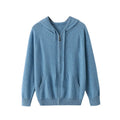 Men's solid colour cashmere hooded cardigan with a full zipper front and long sleeves.