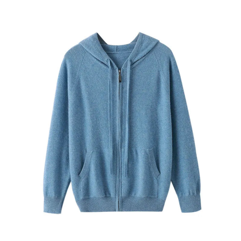 Men's solid colour cashmere hooded cardigan with a full zipper front and long sleeves.
