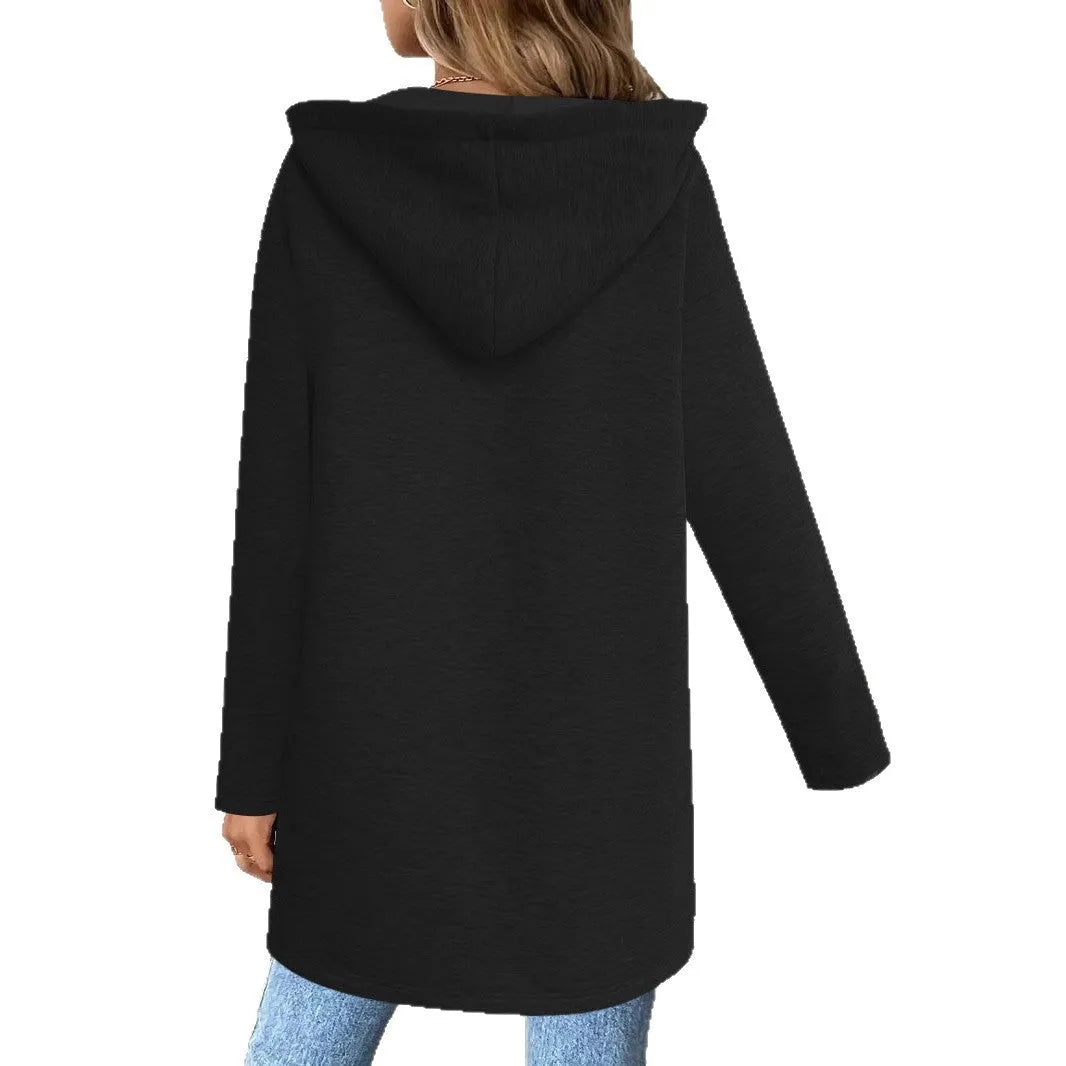 Women's loose casual cardigan coat mid-length with pockets in black, gray or khaki