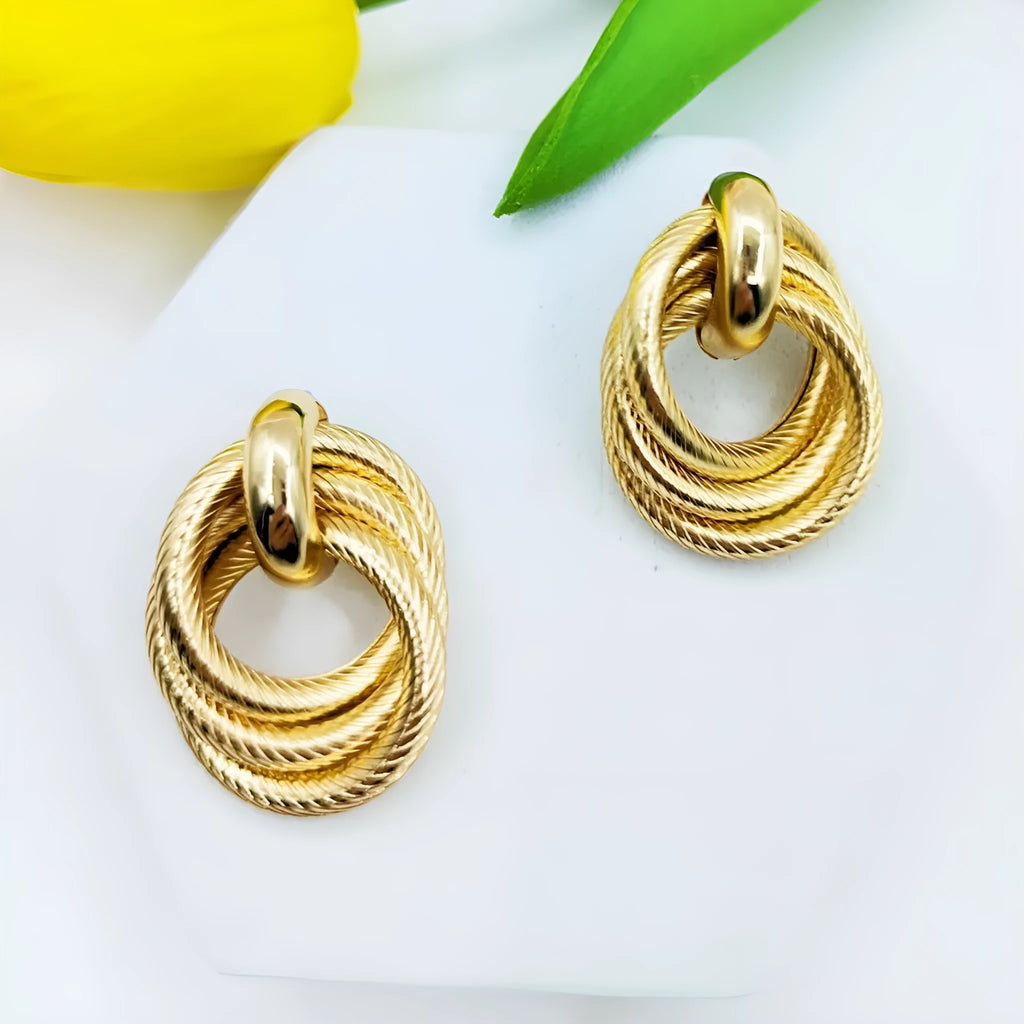 Gold electroplated geometric ring embossed twisted stud earrings for women, one pair