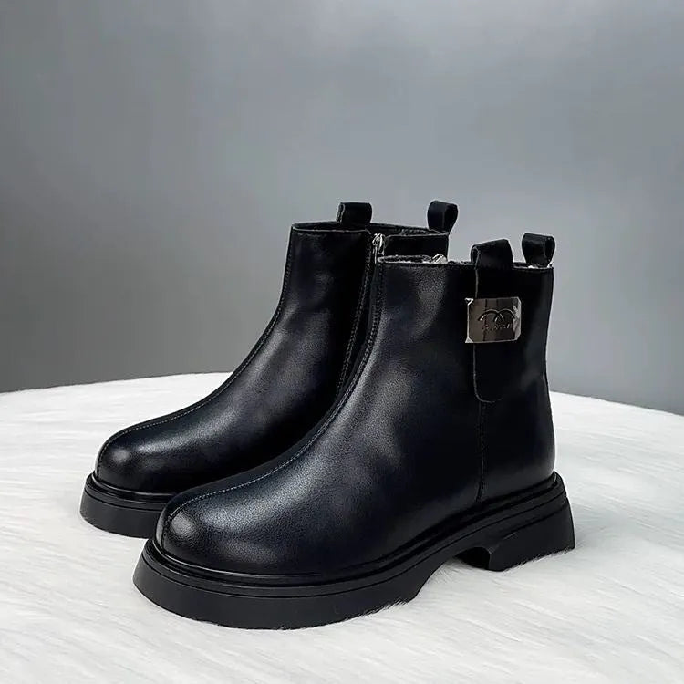 Women's black winter soft leather snow boots with side zipper and round toe