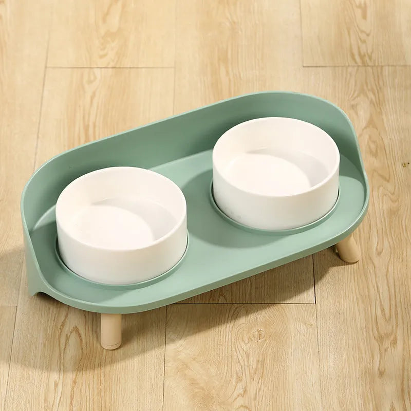 Green and white tilted pet feeder with two bowls for cats and dogs on a non-slip base.