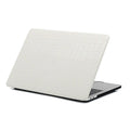 MacBook laptop case in soft pink with a textured crocodile pattern and a hollowed-out Apple logo on the lid.