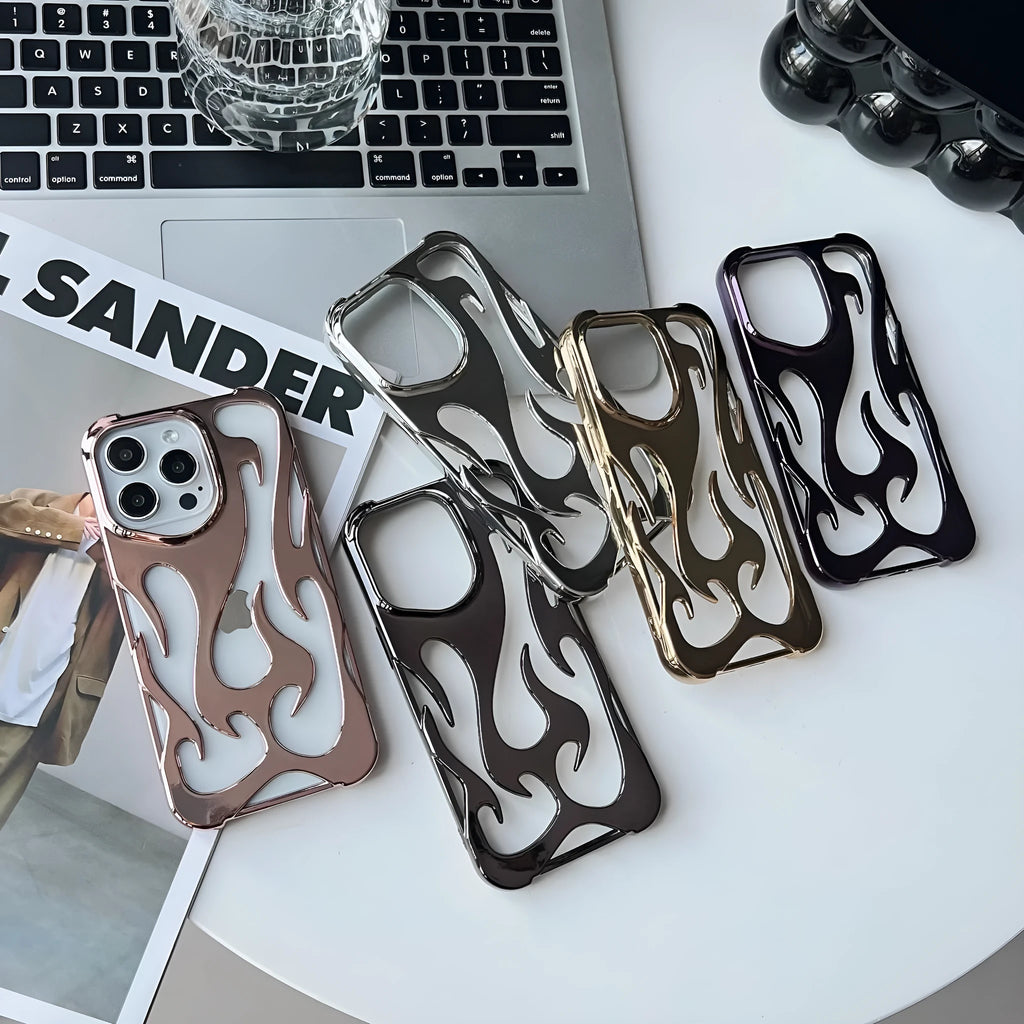 Electroplated hollow flame pattern soft TPU phone case for Apple iPhone, shown in silver on a dark background.
