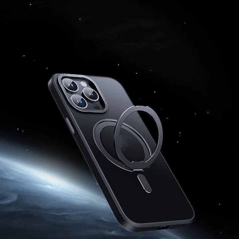 Transparent magnetic fulcrum protective case for iPhone models 11 through 15 Pro Max.
