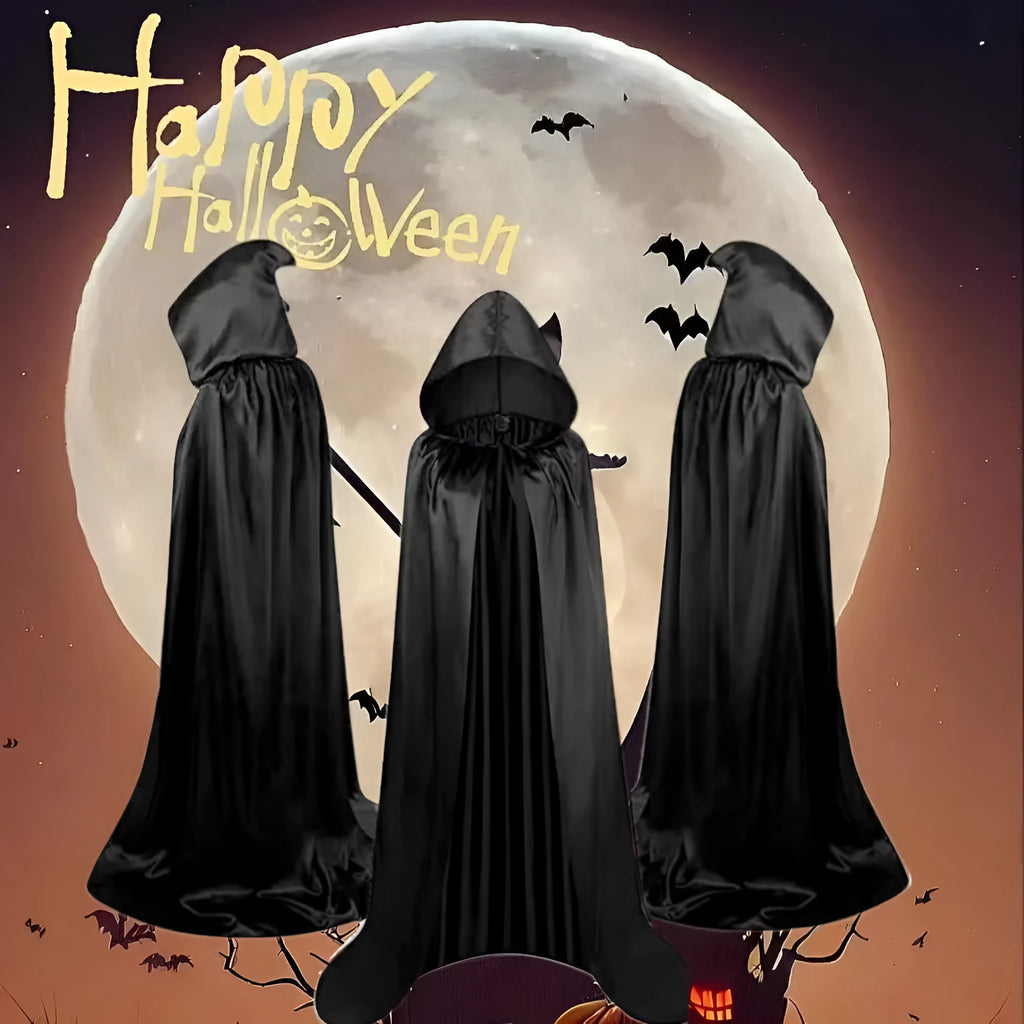 Black satin hooded cloak for children's Halloween wizard or vampire costumes