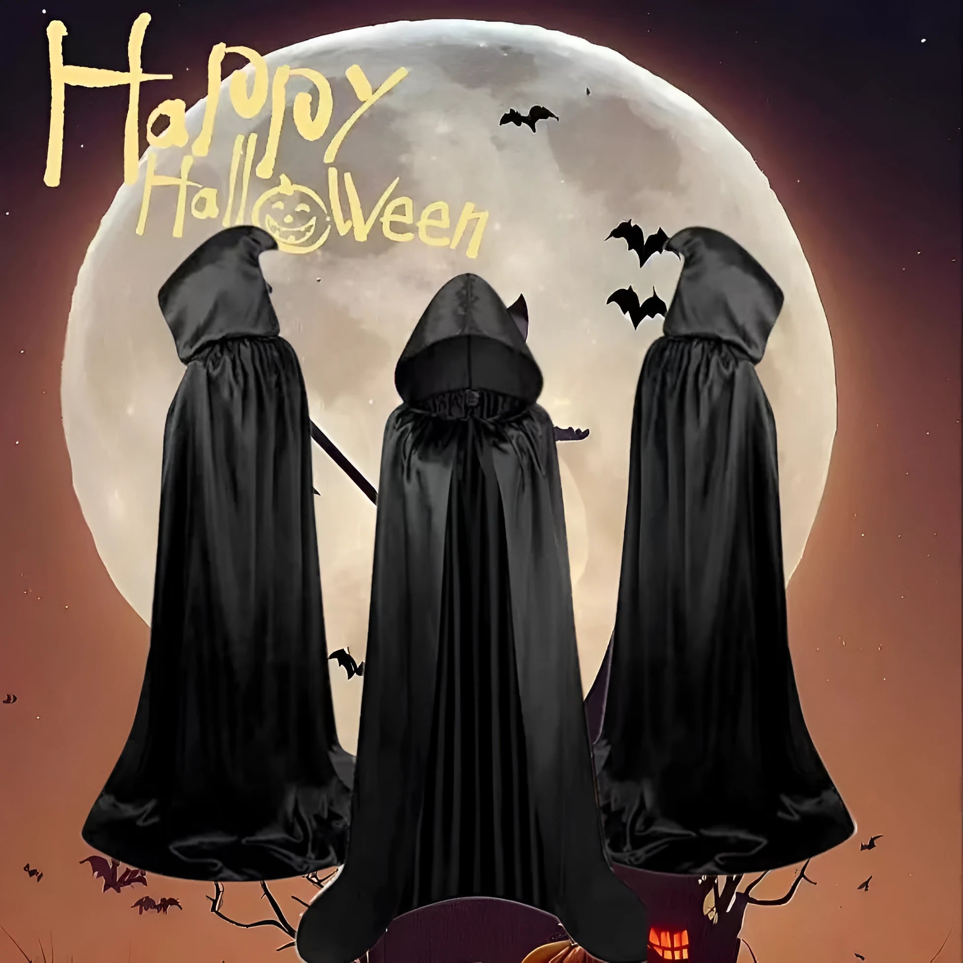 Black satin hooded cloak for children's Halloween wizard or vampire costumes