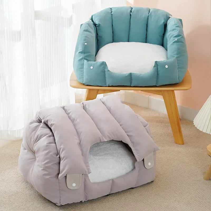Grey and green dual-purpose arched pet nest shown as an enclosed bed and open sofa for cats and dogs