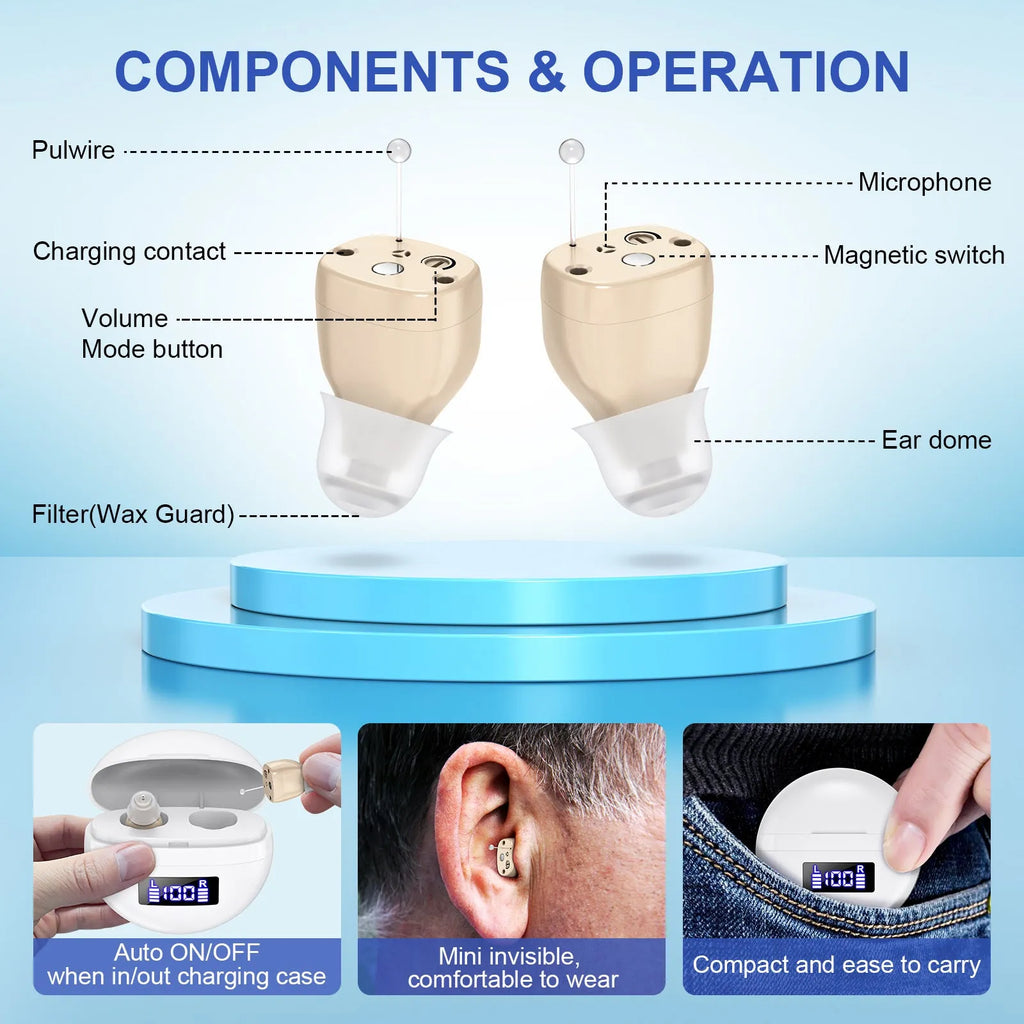 White skin noise reduction hearing aid with digital display and magnetic charging base