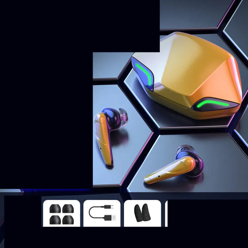 Wireless Bluetooth gaming earbuds with a compact charging case, shown in multiple colour options.