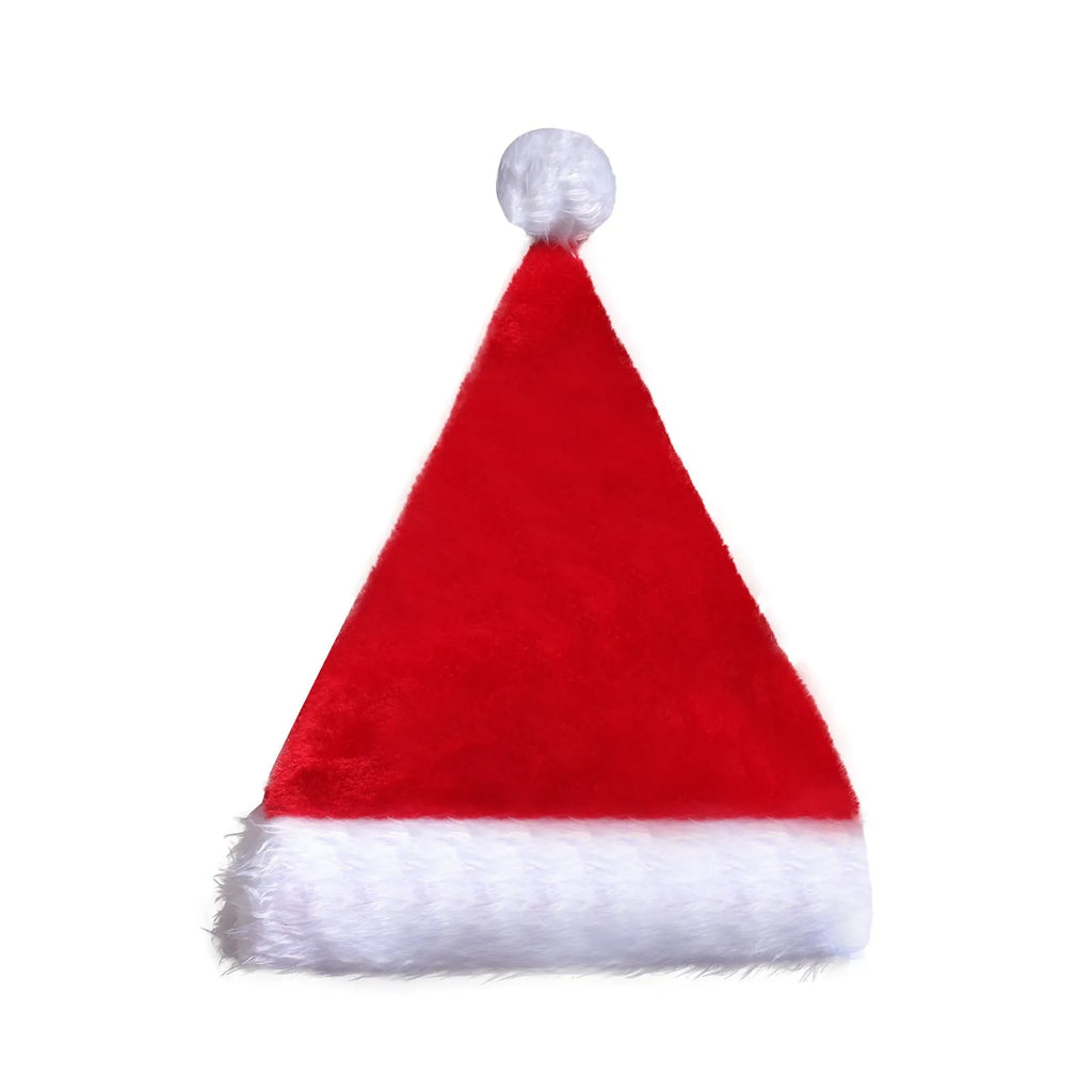 Red and white plush LED Santa hat with 20 colour-changing lights illuminated in festive display