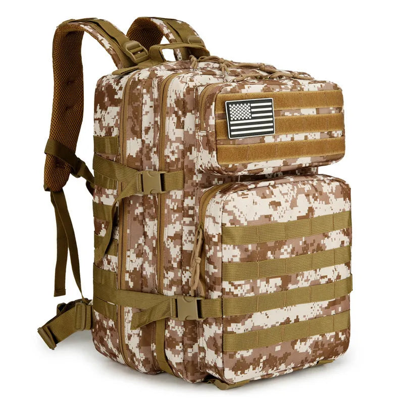 Large capacity waterproof travel backpack in camouflage oxford cloth, 56-75L, 48 x 31 x 31cm, army green and black options.