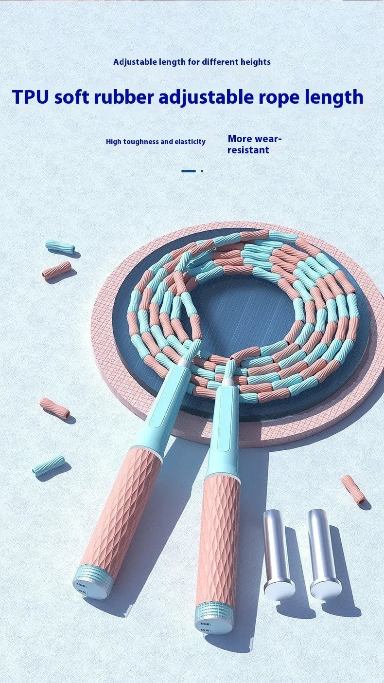 Children's soft bead skipping rope in blue, green, pink or purple colours