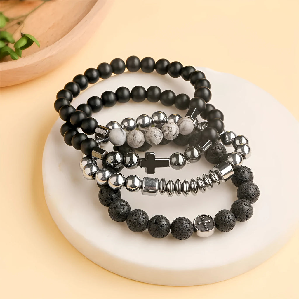 Geometric volcanic rock agate bracelet with 10mm beads and stainless steel finished band