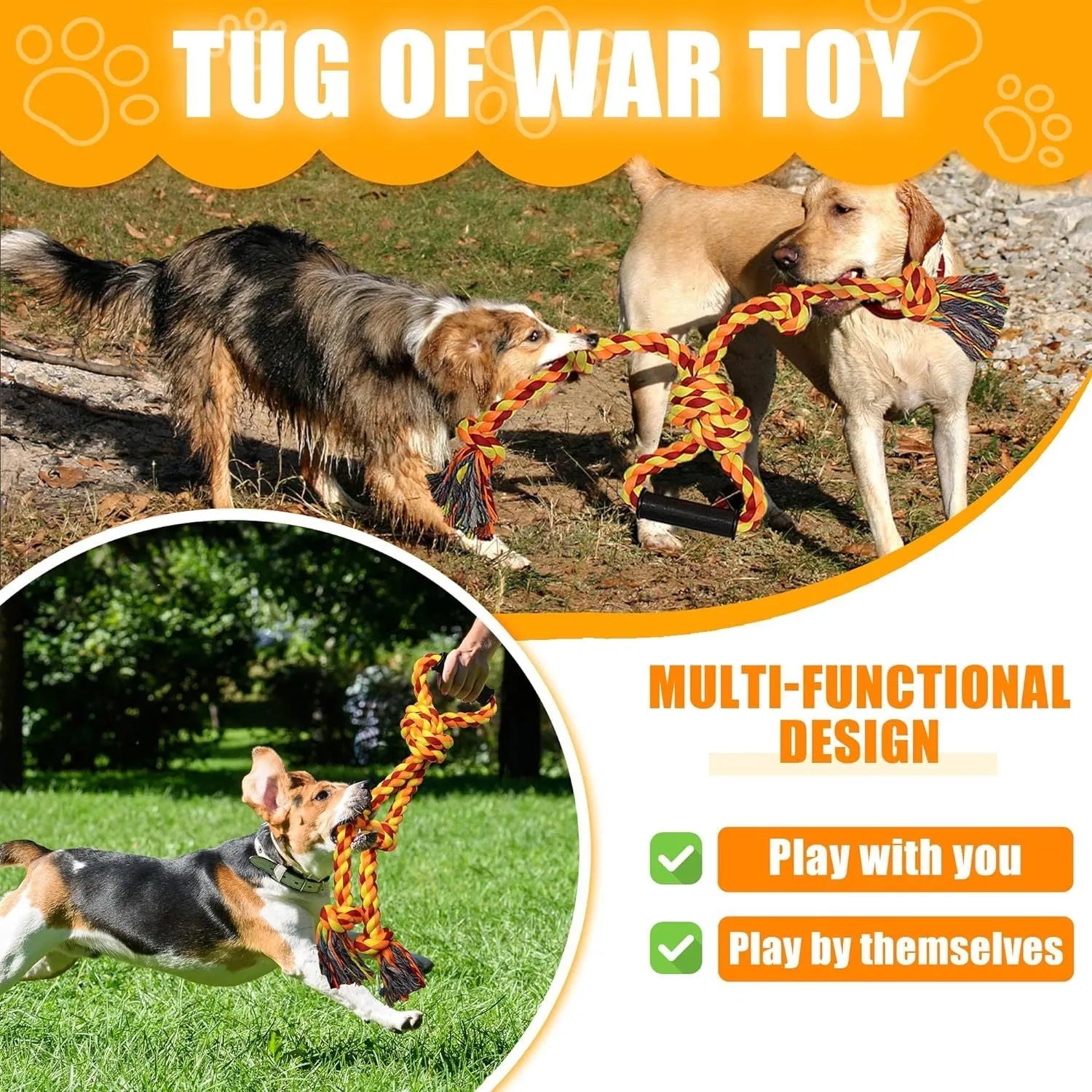 Blue and yellow heavy-duty cotton dog rope toy with a large handle for tug of war.