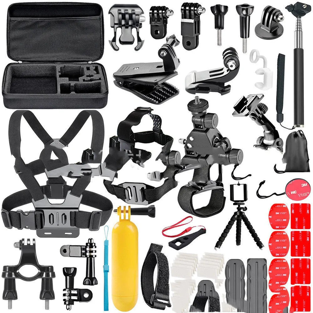 Black GoPro accessories set showing a chest strap, helmet mount, and compact tripod for Hero 4, 3, and 2 cameras