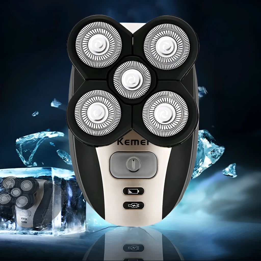 Men's 5-in-1 rechargeable shaver with black ABS body, interchangeable cutter head and body wash cleaning