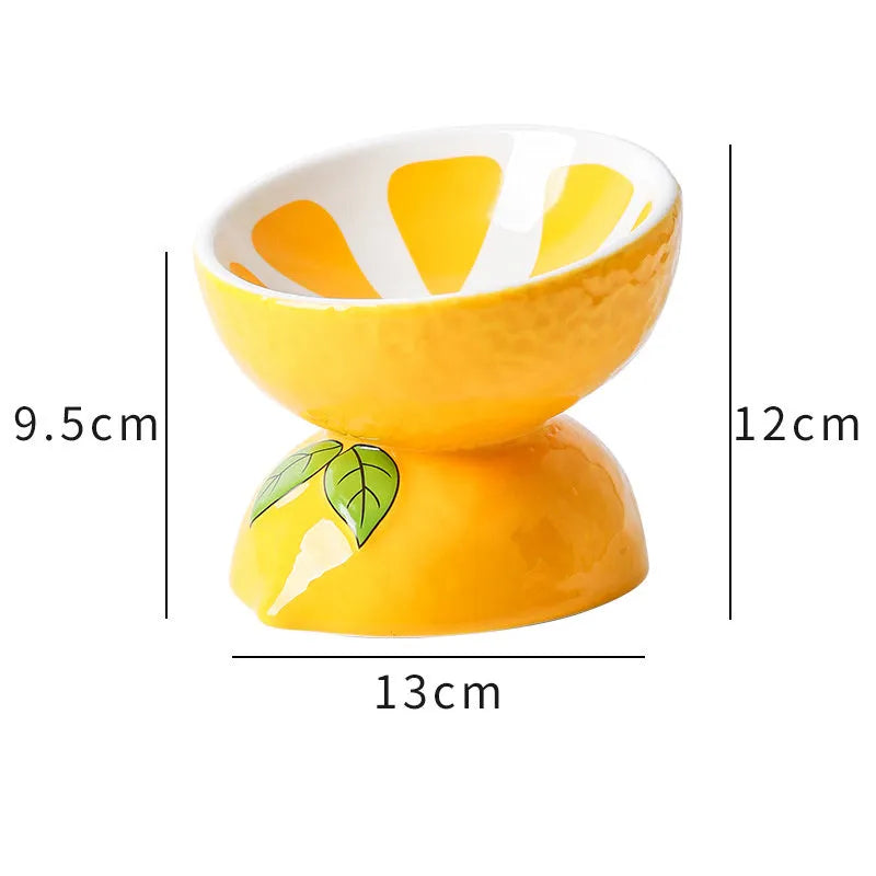 Ceramic raised cat feeding bowl with tilted design in orange colour pattern