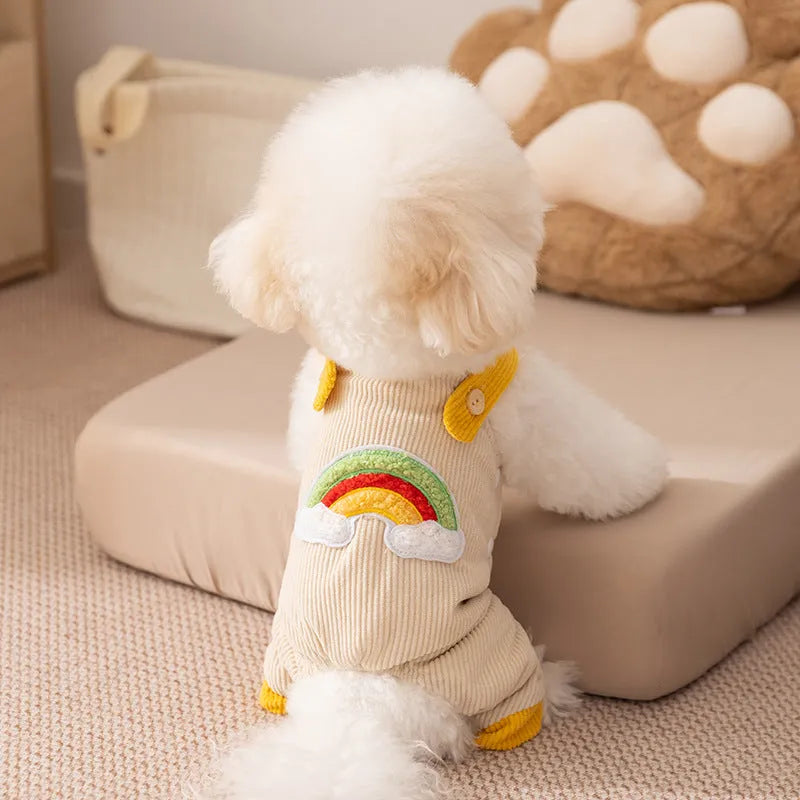 Small dog wearing beige corduroy overalls with rainbow print, autumn winter outfit
