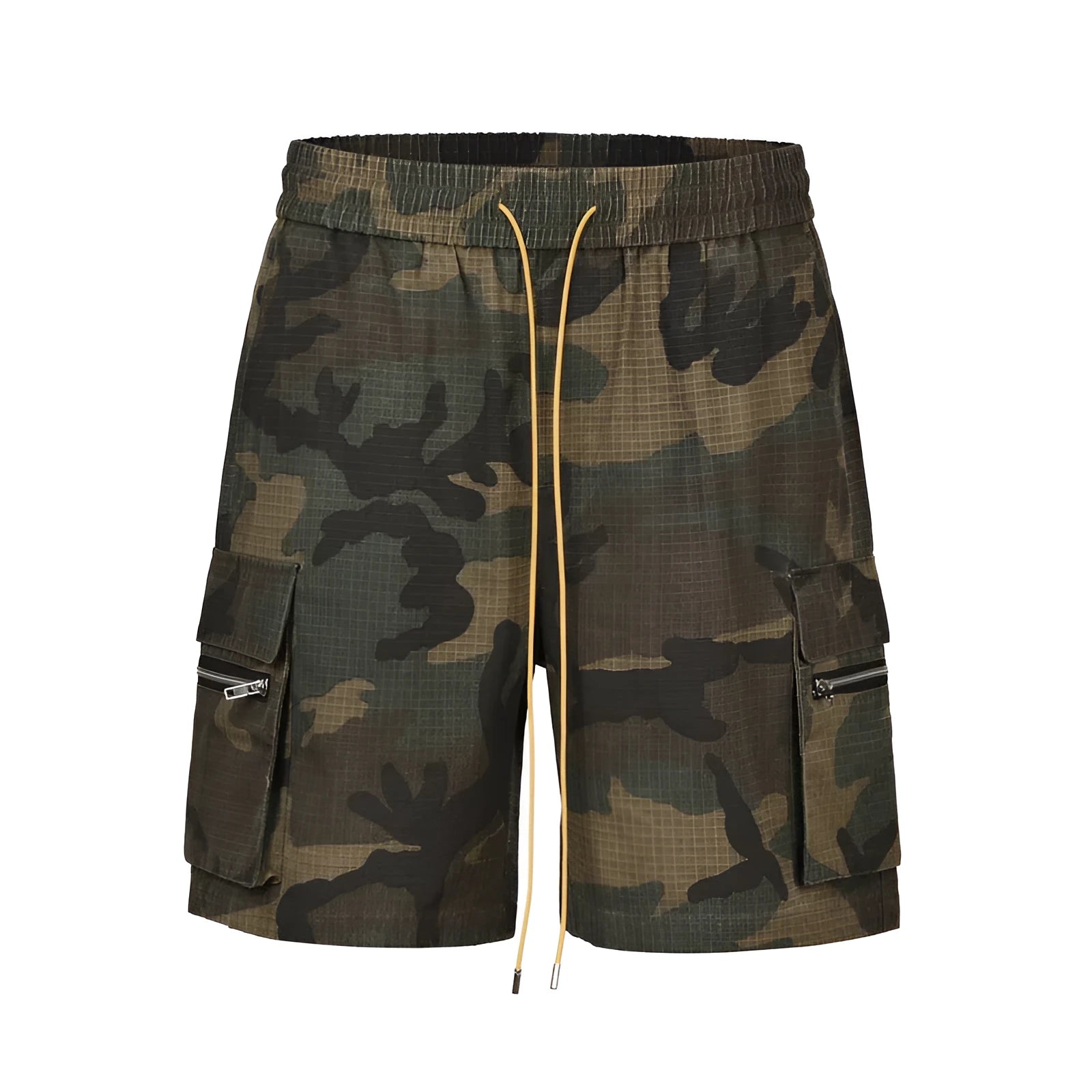 Green washed camouflage cotton cargo shorts with multiple pockets on a mannequin