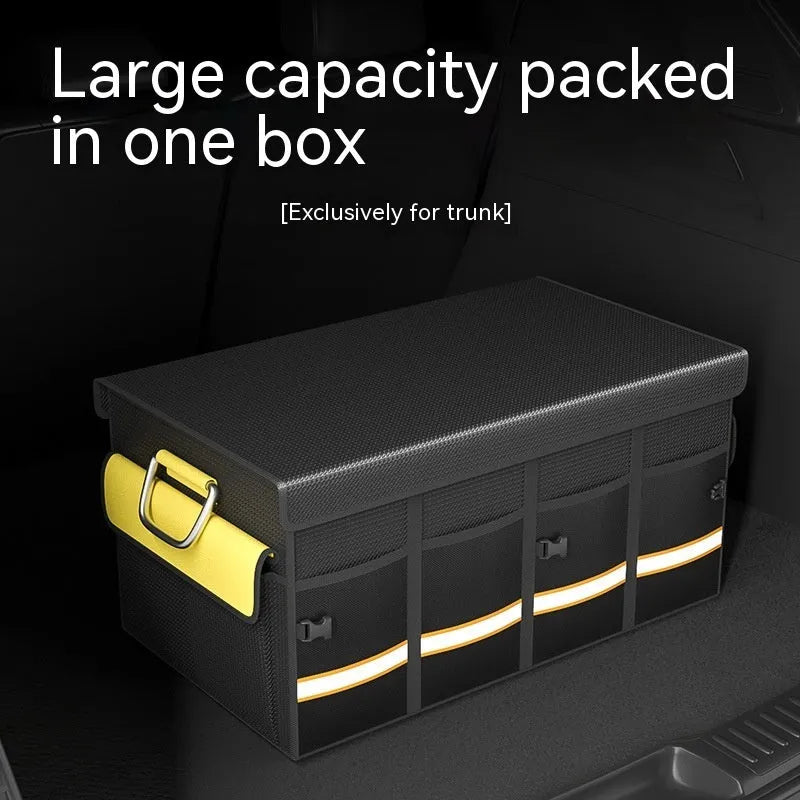 Black and yellow foldable fabric car boot storage organiser bag with handle.