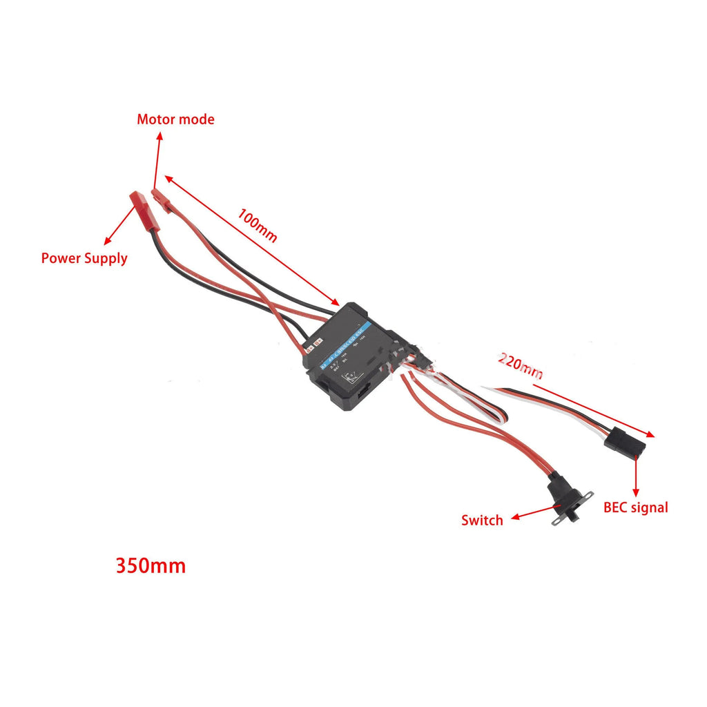 Small 40A brushed electronic speed controller for 1/16 scale RC cars with selectable climbing mode.