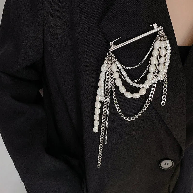 Korean style tassel pearl pin brooch with gold tassel, electroplated alloy finish