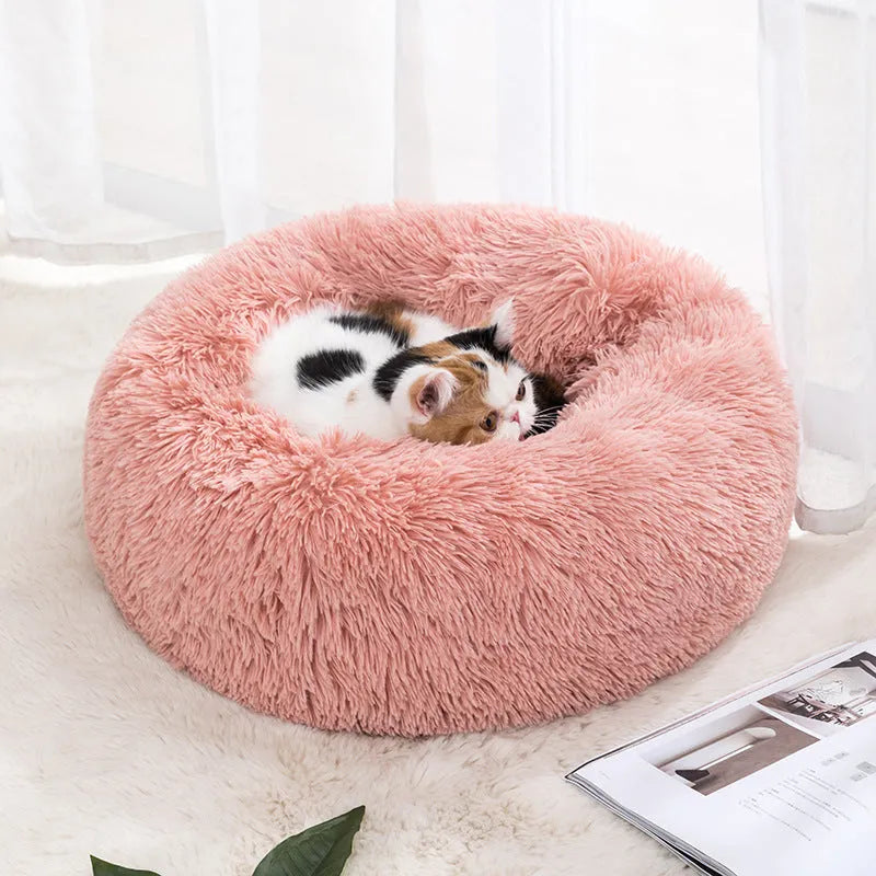 Round cloth cat bed in winter warm design, available in 30cm to 100cm diameters and six colours.