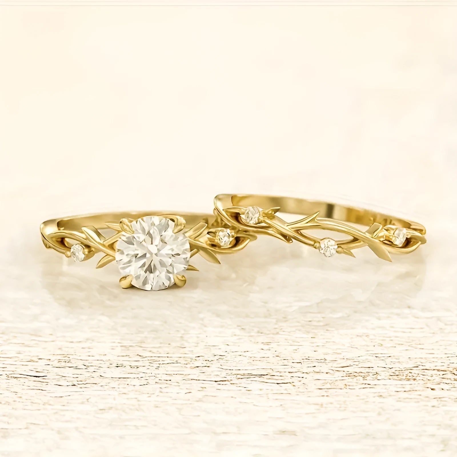 Rose gold copper geometric couple ring set with simulation diamonds on a white background, size No.8 shown