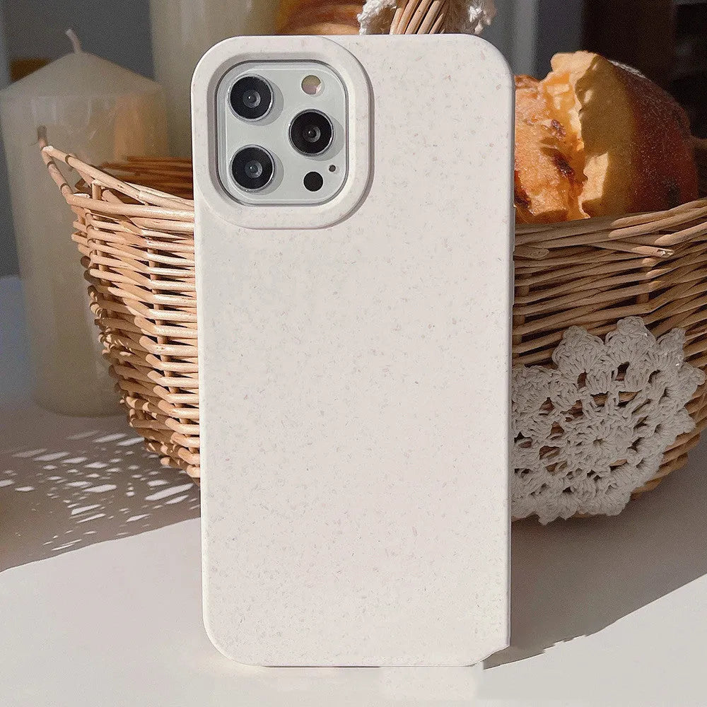 Fully degradable wheat straw phone case for Apple iPhone on a white background.