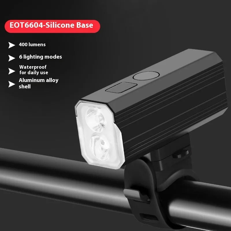 Aluminium alloy mountain bike light with silicone mount showing 400 lumen output and USB-C port