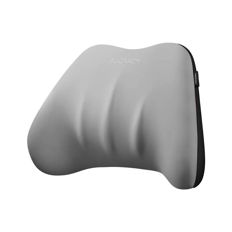Memory foam car lumbar support pillow shown in grey with matching headrest