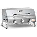 Silver desktop gas barbecue grill with three burners and foldable legs.
